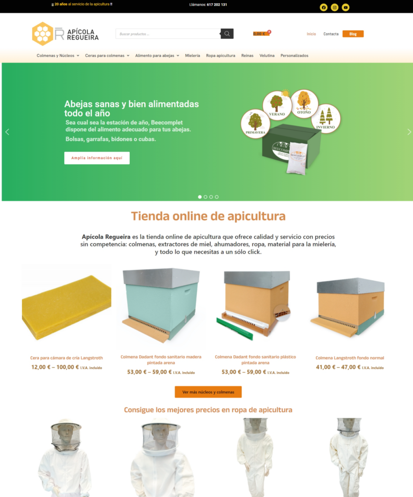 Diseño de tienda online de apicultura con venta de colmenas, material apícola y ropa para apicultores